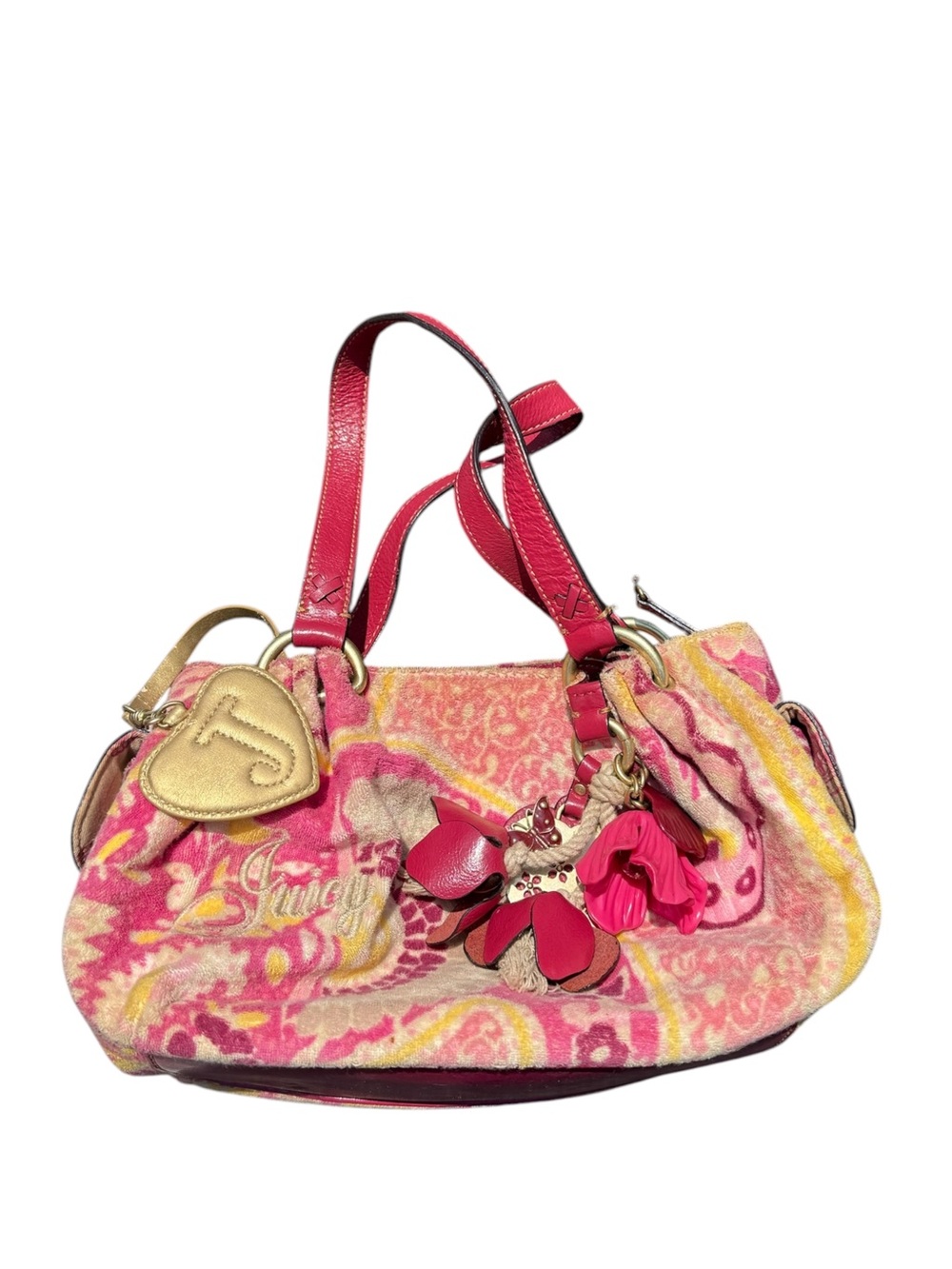 Vintage Juicy Couture Pink Y2K Floral Terrycloth Shoulder Bag Lux Charms